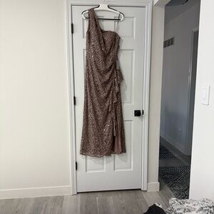 Alex Evenings One-Shoulder Sequin Lace Gown in Mocha